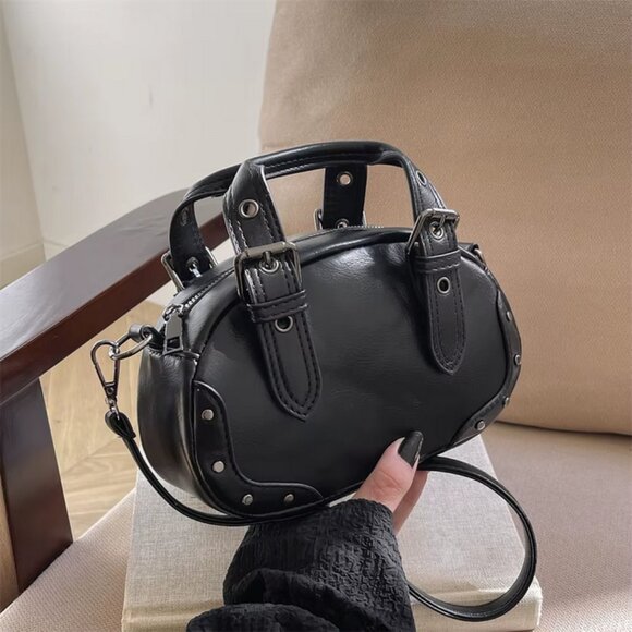 Retro PU Leather Rivet Crossbody Top Handle Mini Saddle Bag 3 Colors - Picture 8 of 16